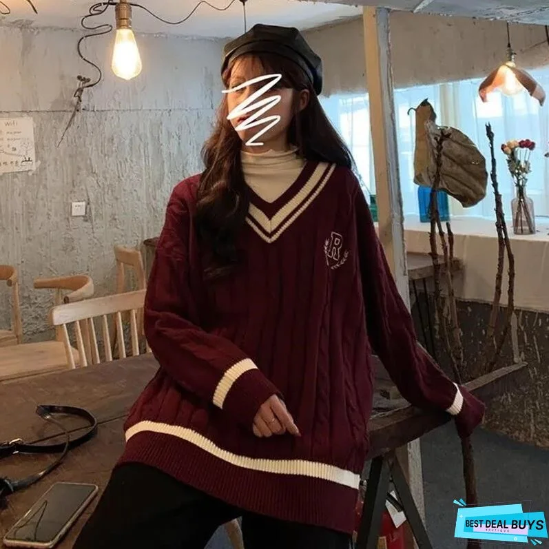 Sweaters Women Ulzzang V-neck Daily Knitted Letter Chic Vintage Oversize Preppy Knitwear Fall Casual All-match Ins Women Sweater