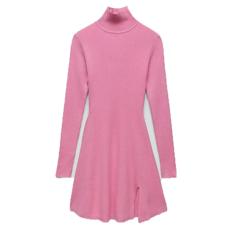 2021 Women Fashion Chic Pink Side Split Slim Knitted Mini Dress Female Elegant Turtleneck Long Sleeve Dresses Vestidos