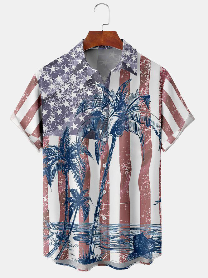 Men's American Flag Coconut Tree Chest Pocket Short Sleeve Printed Shirt PLUSCLOTHESMAN