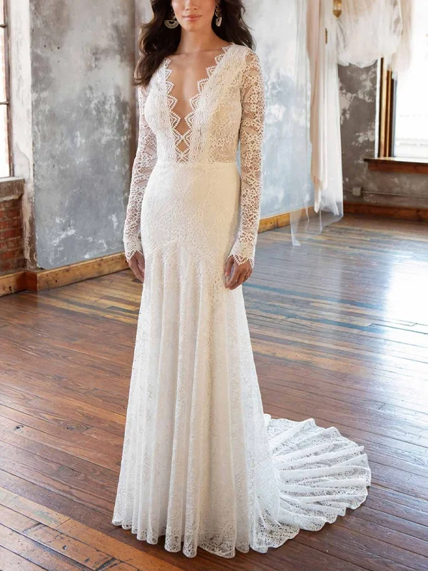 V-Neck Lace Long Sleeve Solid Color Maxi Dress