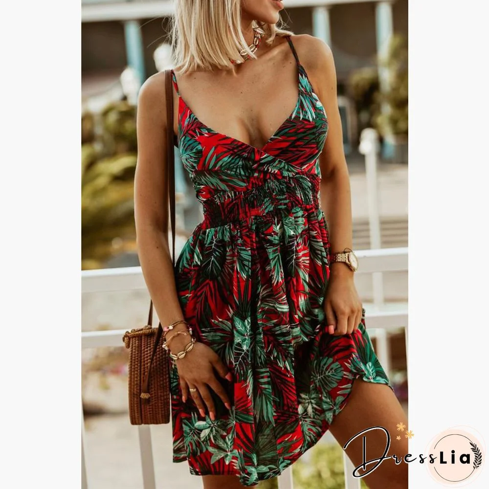 Women Retro Floral Print Elastic Waist Mini Dress Sexy Deep V Neck Sleeveless Sling Dress Summer Backless Lady Dresses Vestidos