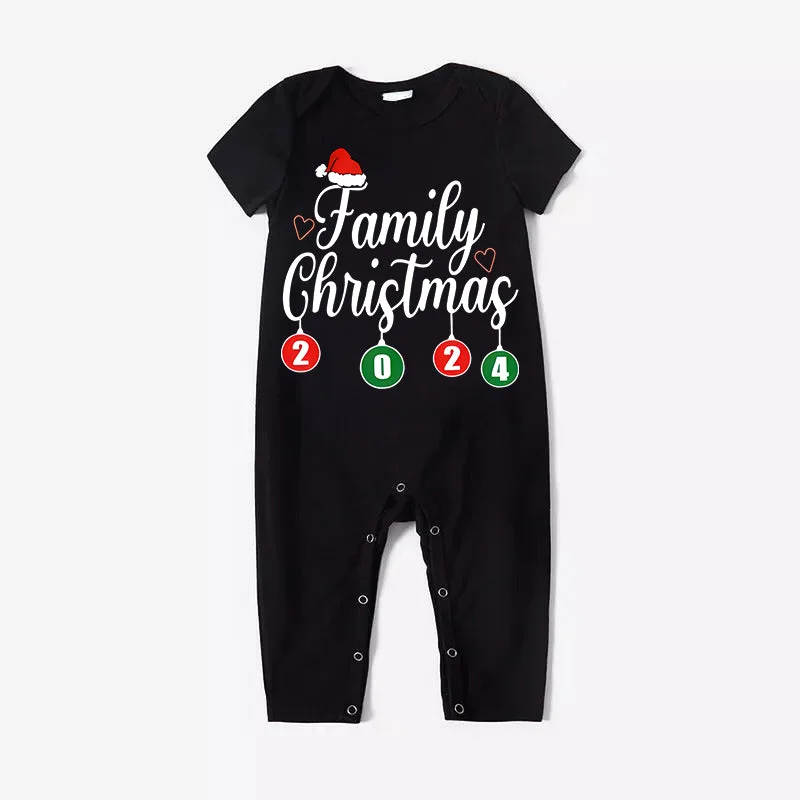 "Family Christmas" 2024 Letter Print Black Short Sleeve with Red & Black Plaid Pant Family Matching Pajamas