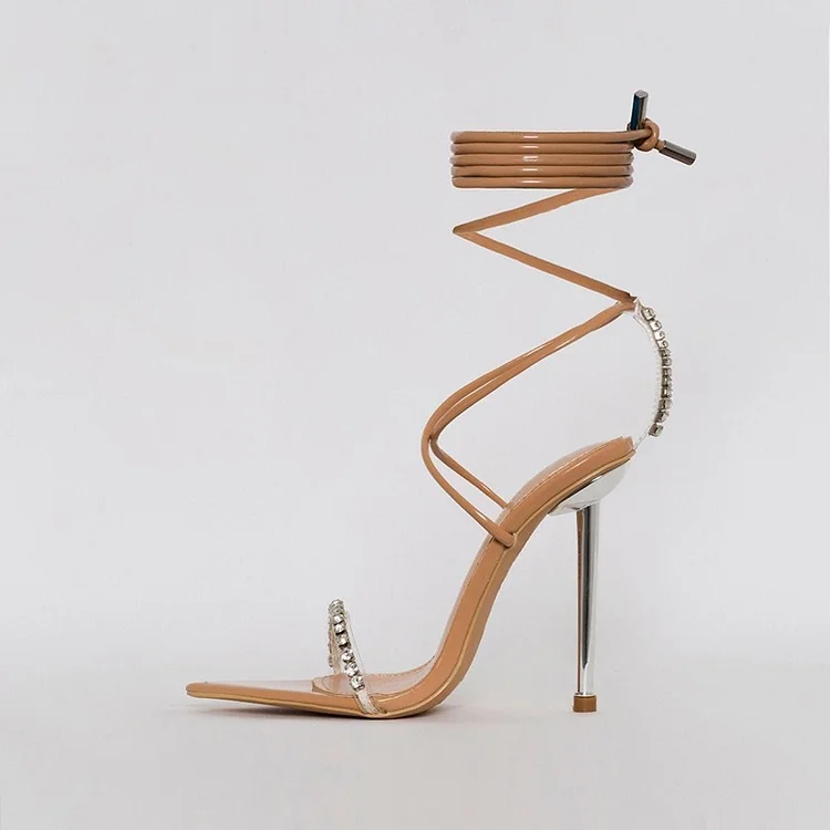 Nude Patent Leather Strappy Sandals Rhinestone Stiletto Heel Sandals |FSJ Shoes