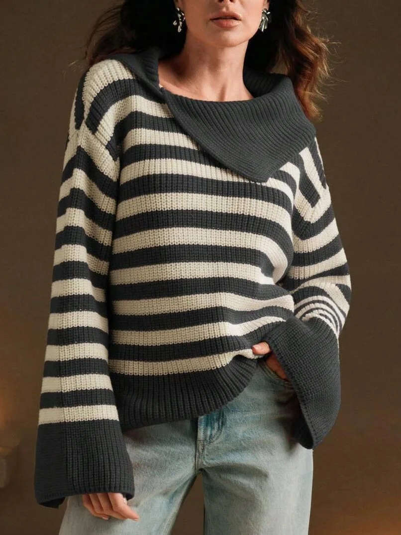 Nigikala Nigikala 2025 New Fashion Stripe Jersey Casual Loose Long-Sleeved Women's Sweater