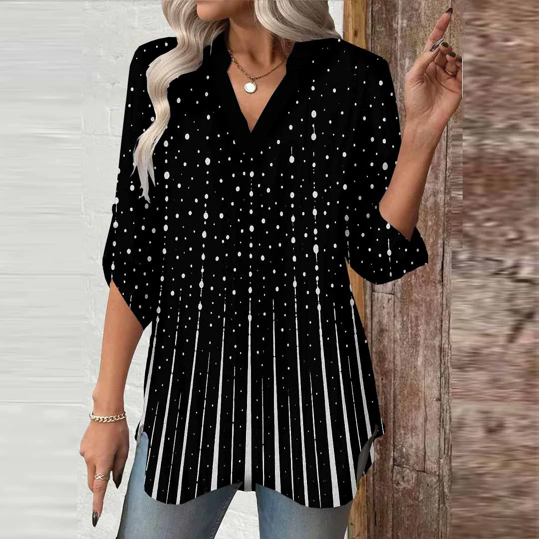 Women Geometric,Black DZGA0293 3/4 Sleeve V-neck Printed Graphic Button Tops