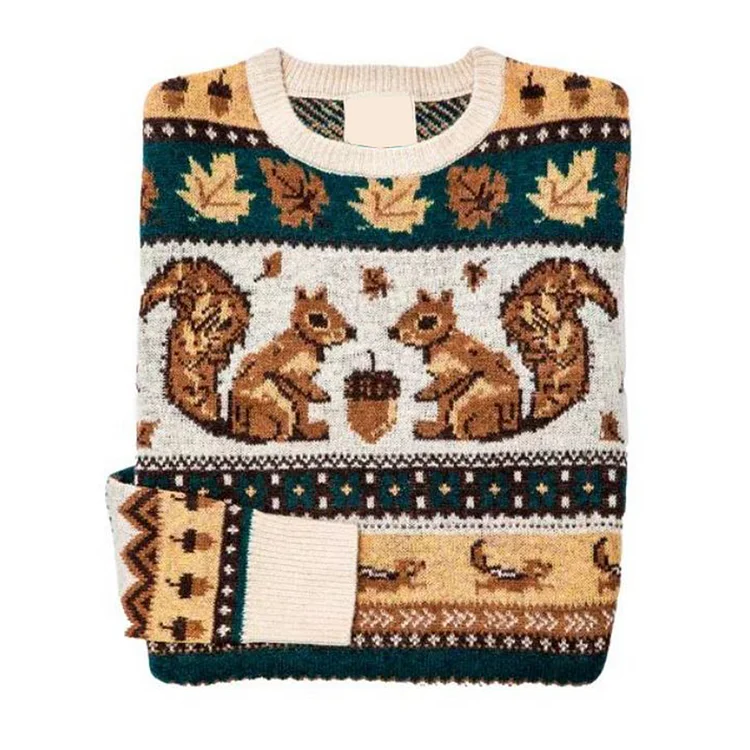 Retro Fall Autumn Squirrel Printed Women's Sweater