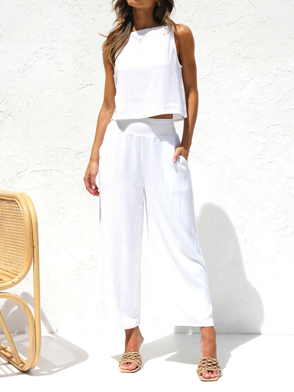 Mature Women Casual Summer Sleeveless Vest Wide-leg Pants Cotton And Linen Suit