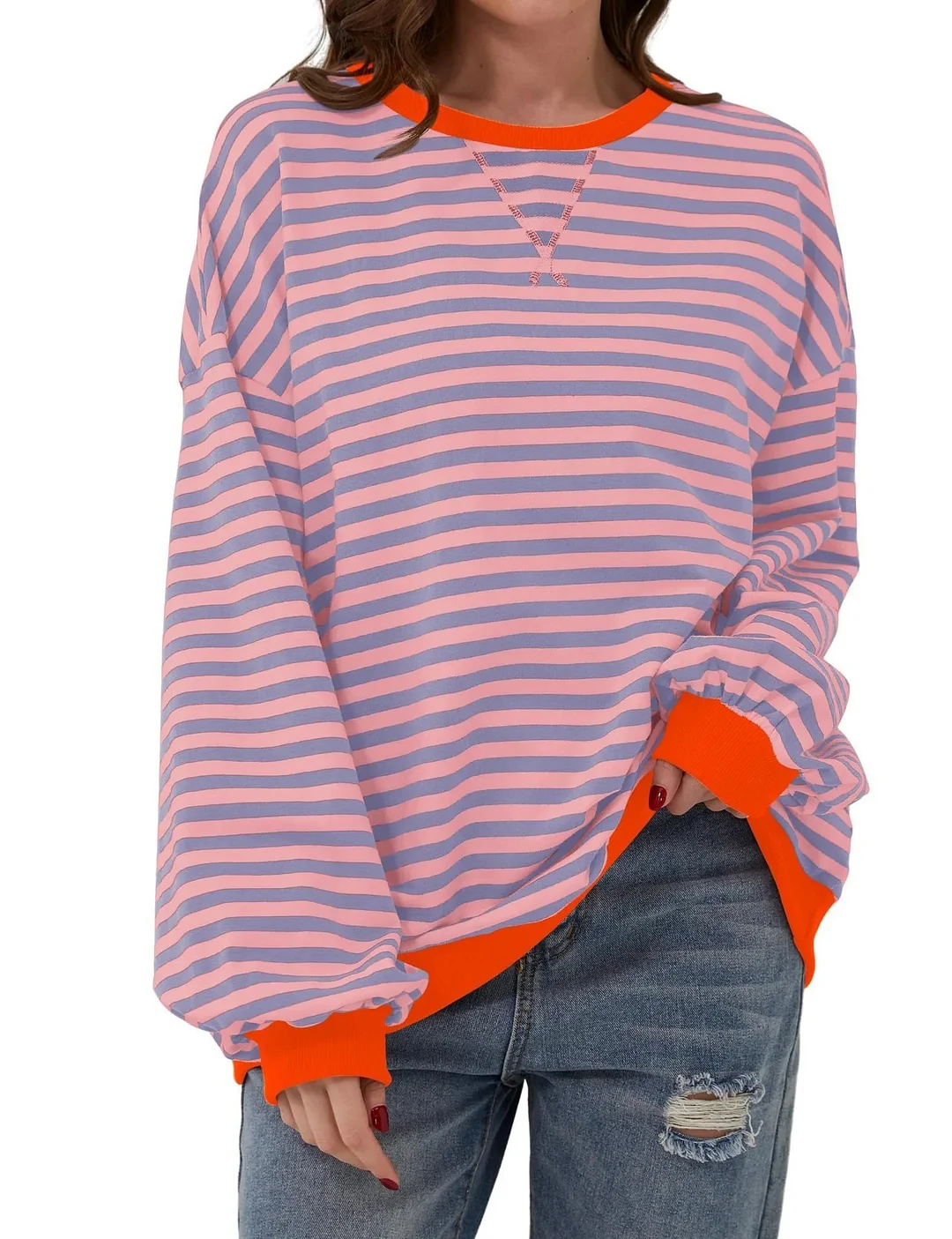 Women's Casual Stripe Colorblock Pattern Round Neck Long Sleeve Pullover T-Shirt 