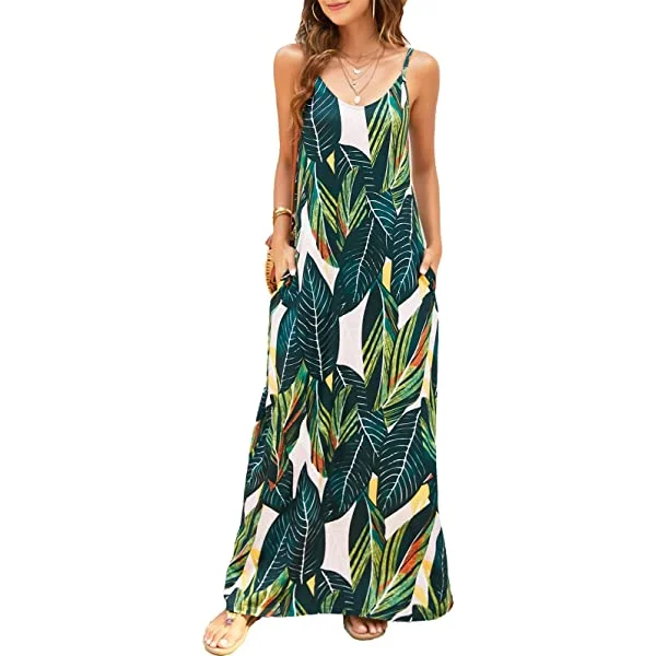 Women's Summer Casual Floral Printed Bohemian Spaghetti Strap Floral Long Maxi beach dresses