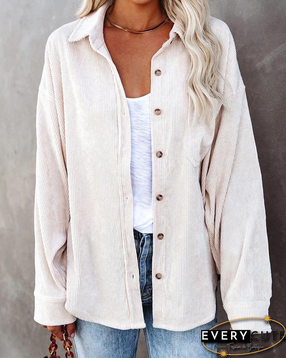 Lapel Loose Plain Long Sleeve Shirt Coat