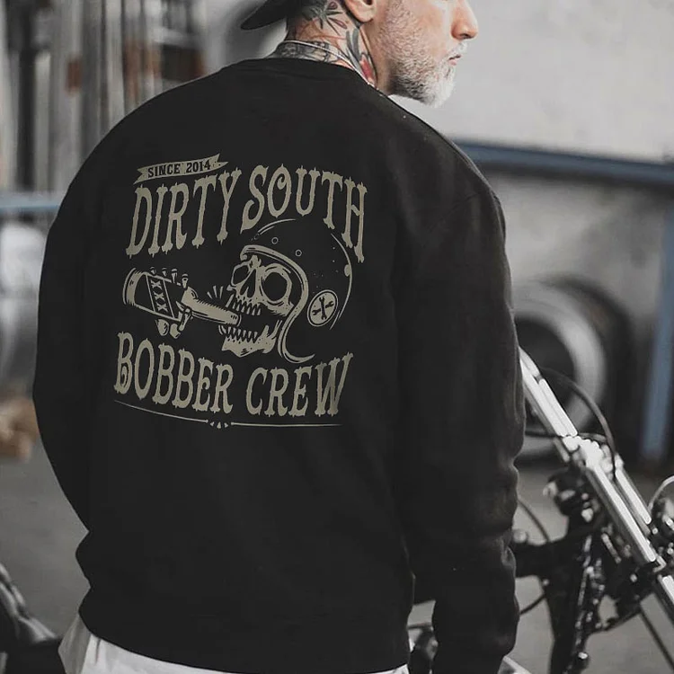 DIRTY SOUTH BOBBER CREW Skull with Helmet Black Print Sweatshirt