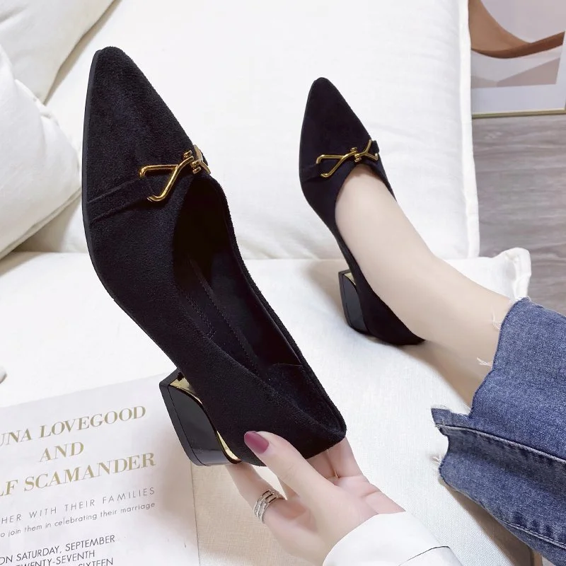 Breakj Breakj Heels Women's Velvet Commuting Fashion Single-Shoe Square Heel French Heel Lady Single Shoes OL Shallow Working Women's Shoes