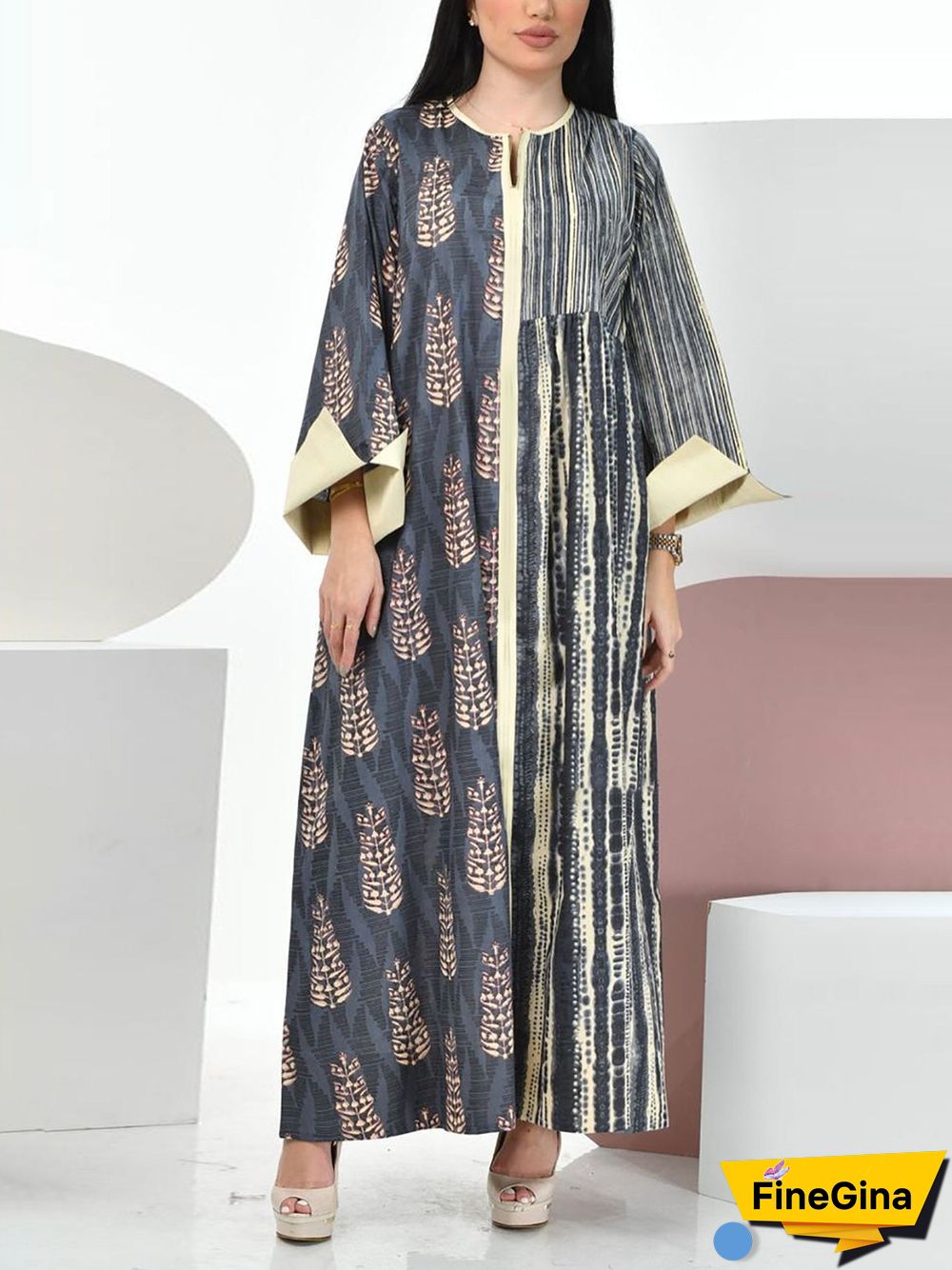 Long-Sleeved Asymmetric Printed Dress
