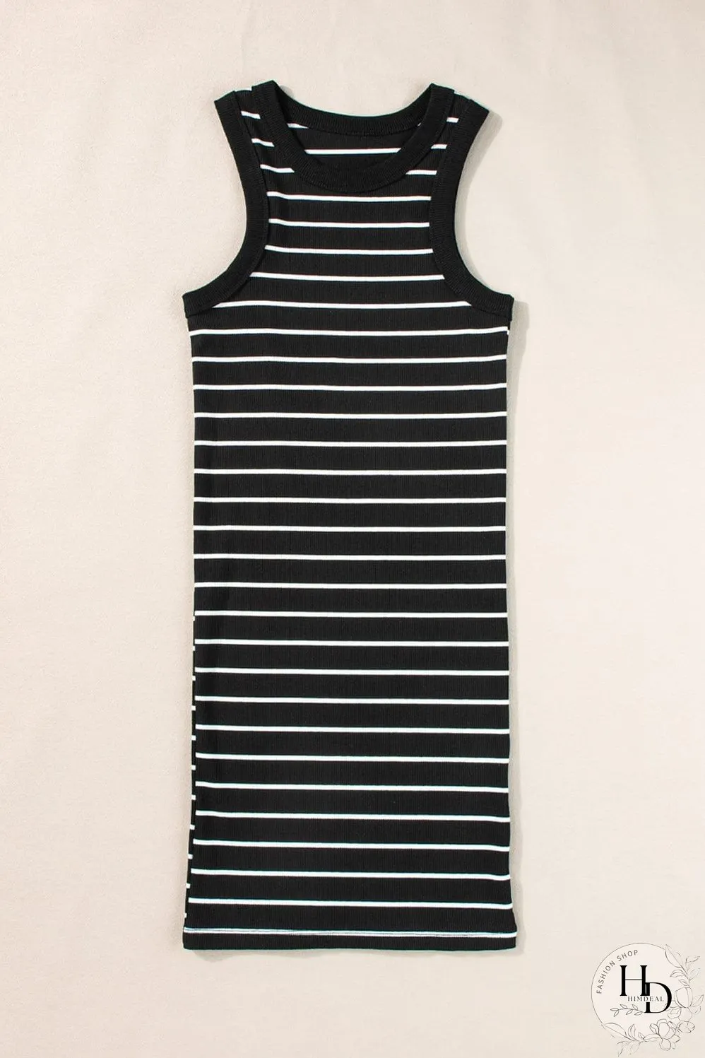 Chic Striped Ribbed Tank Style Mini Dress