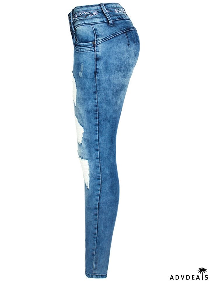 Women's Casual Style Floral Embroidery Buttons Denim Jeans