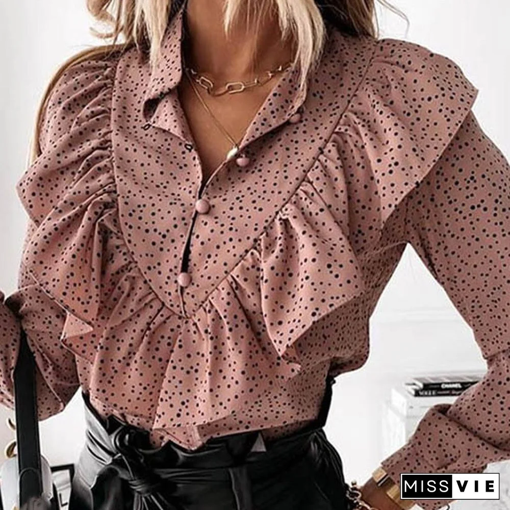Women Autumn Long Sleeve V-Neck Pullover Tops Polka Dot Ruffle Blouse Shirts