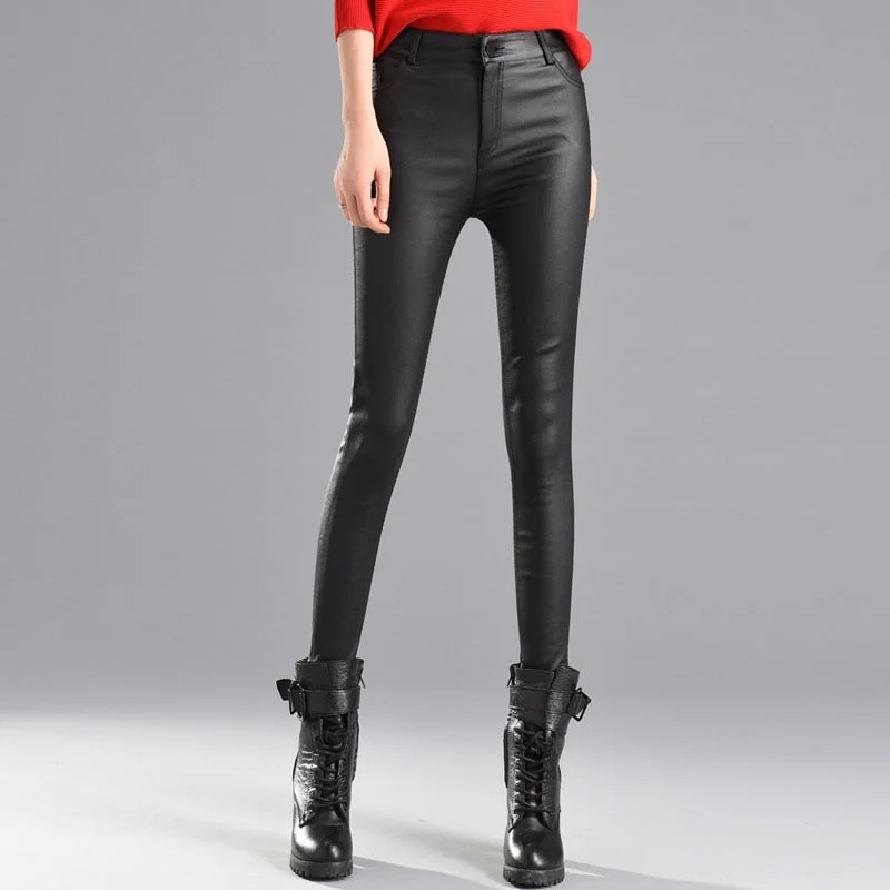 2019 Winter Women Faux Leather Pants & Capris PU Elastic High Waist Trousers Stretchy Slim Pencil Pants Leggings Female Black