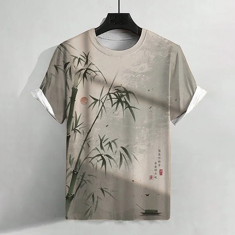 Wearshes Men's Bamboo Chinese Calligraphy Art Painting Print T-Shirt