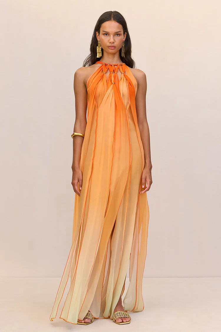 Gradient Color Fringed Hem Sleeveless Maxi Dresses-Orange [Pre Order]