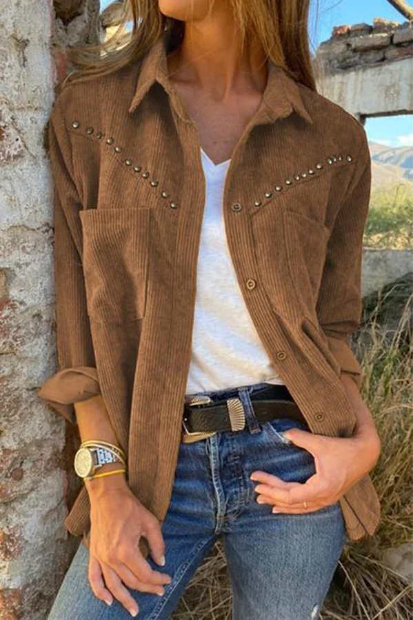 Casual Solid Rivets Pocket Turndown Collar Tops