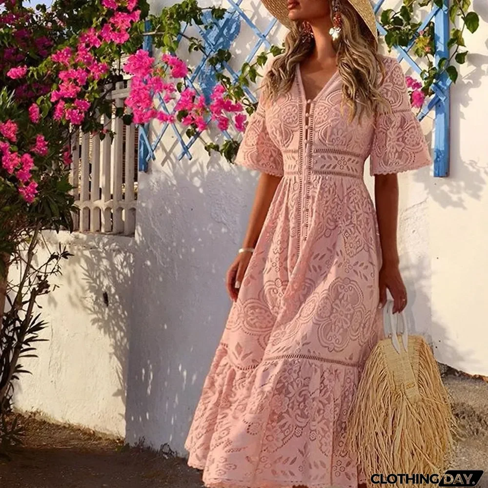 Women's V-Neck Cutout Lace Maxi Dresses