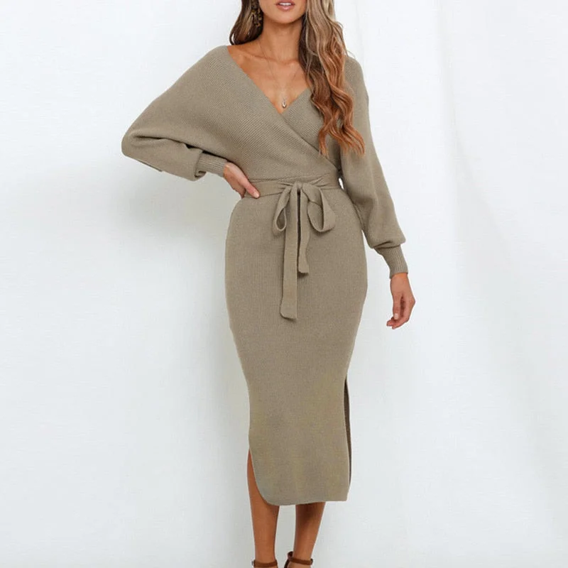 Elegant V Neck Lace Patchwork Ladies Dresses Autumn Long Sleeve Solid Ribbed Dresses Casual Loose Belted Sequins Dress Vestidos