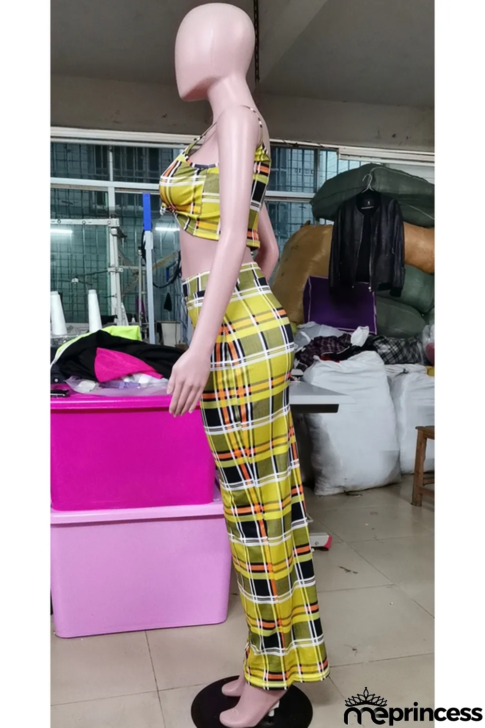 Blue Sexy Plaid Print pencil Sleeveless Two Pieces