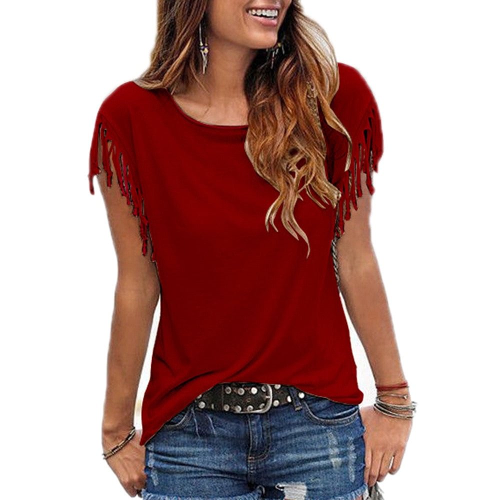 Summer Short Sleeve Tassel Fashion T-shirt Woman Simple Crew Neck Basic Tops 2021 New Leisure Ladies Streetwear Solid Tees