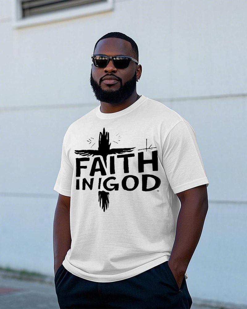 Men's Simple FAITH IN GOD Fashion Cross Letter Printed Round Neck Casual Short Sleeve T-shirt