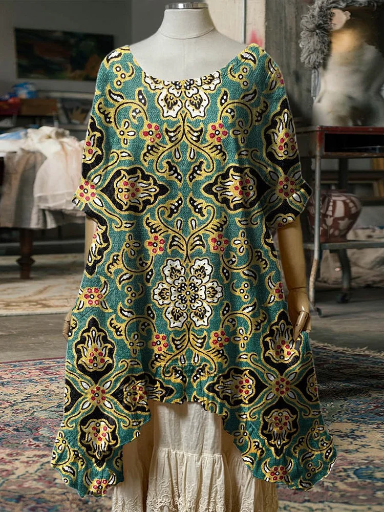 Women's Vintage Lovely Floral Art Print Pocket Cotton Dress