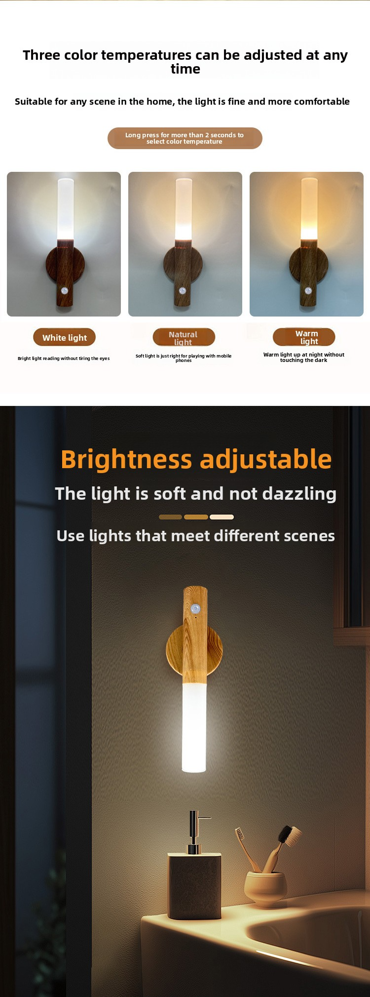 Tegooe Modern Wooden Motion Sensor Wall Sconce LED Night Light - USB Rechargeable Wireless Smart Induction Lamp for Bedside