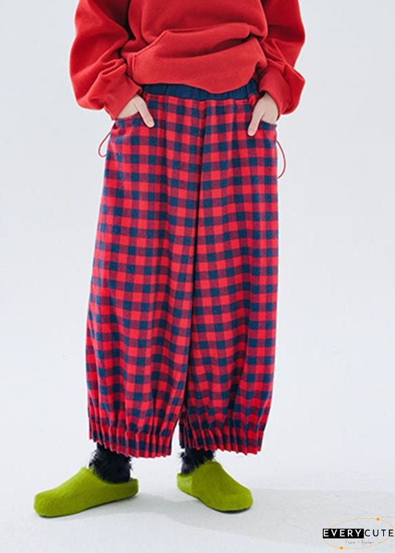 Loose Red Plaid Patchwork Pockets Elastic Waist Lantern Crop Pants Fall