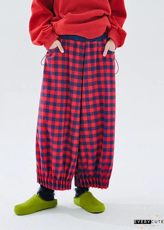 Loose Red Plaid Patchwork Pockets Elastic Waist Lantern Crop Pants Fall