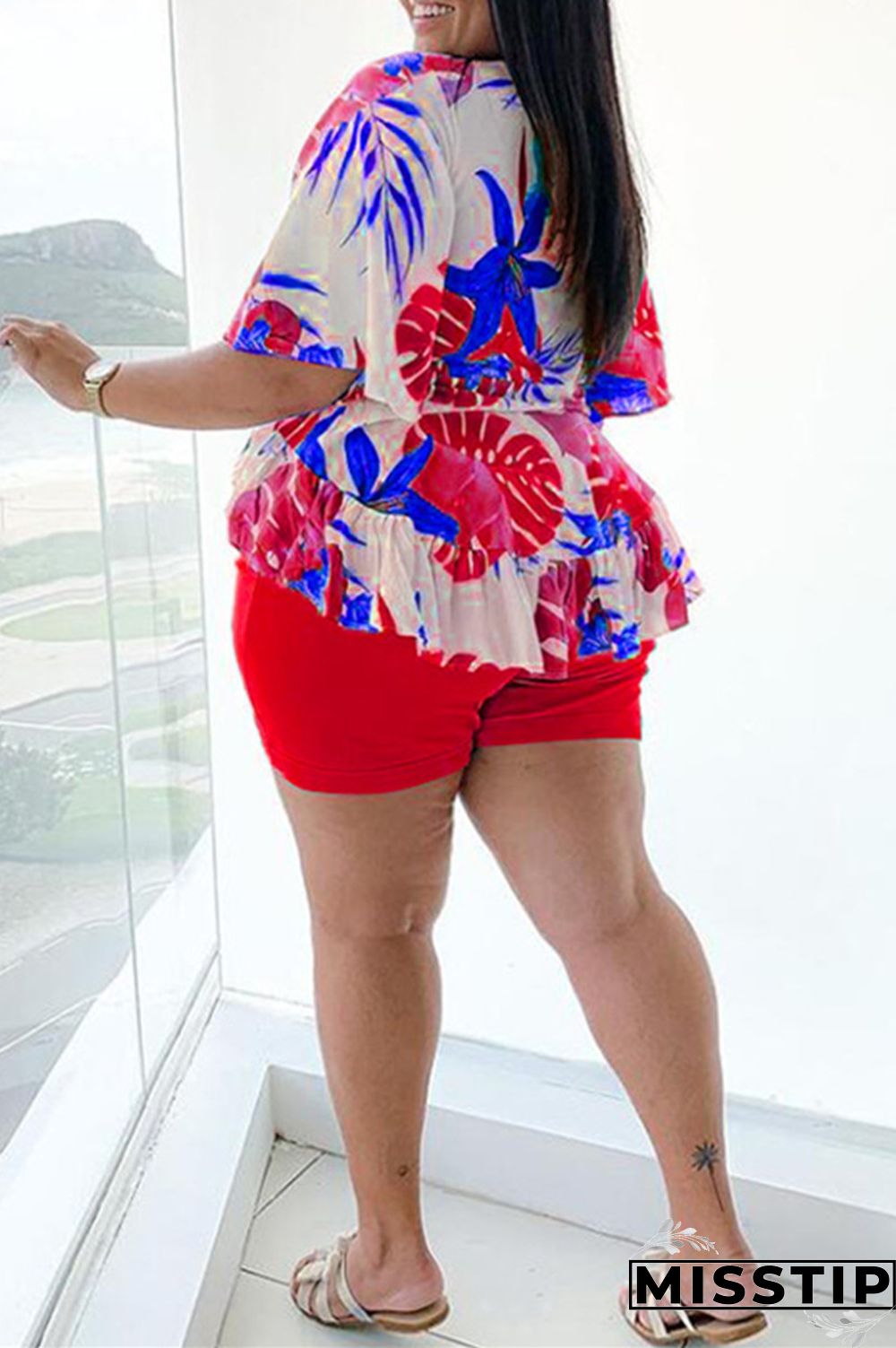 Dark Blue Fashion Casual Print Basic V Neck Plus Size Two Pieces