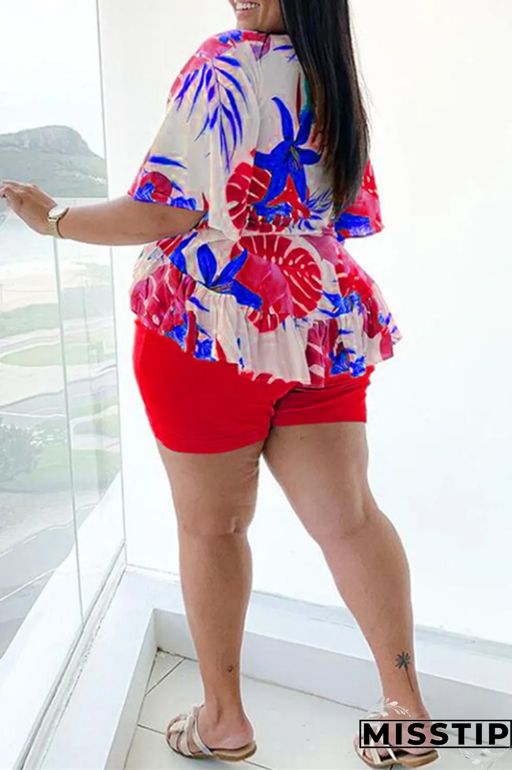 Dark Blue Fashion Casual Print Basic V Neck Plus Size Two Pieces