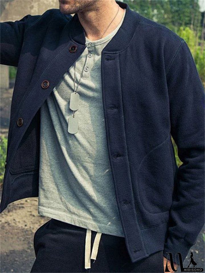 MidiSono - Men's Spring Stand Collar Long Sleeve Button Down Baseball Jacket