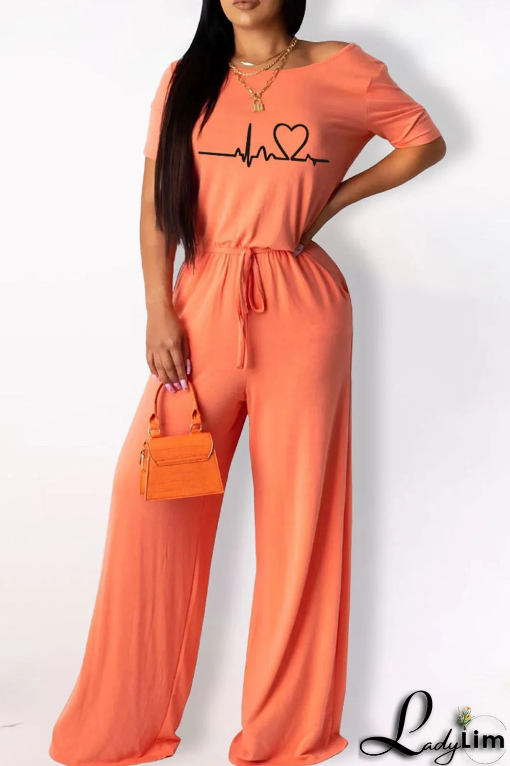 Orange Fashion Casual Print Basic O Neck Regular Jumpsuits