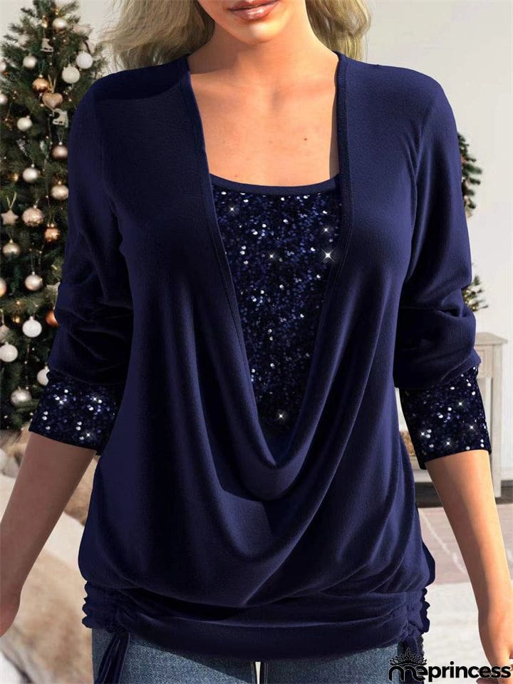 Women's Luxury Contrast Color Sequins Faux Two Shirts