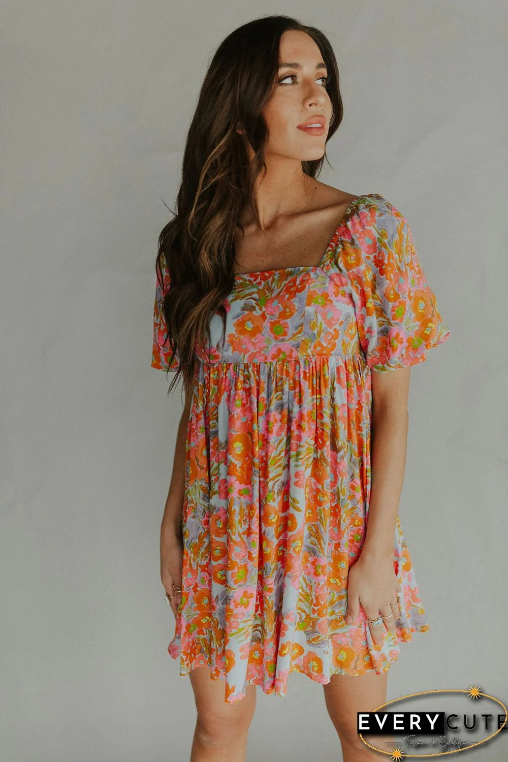 Orange High Waist Square Neck Puff Sleeve Floral Dress
