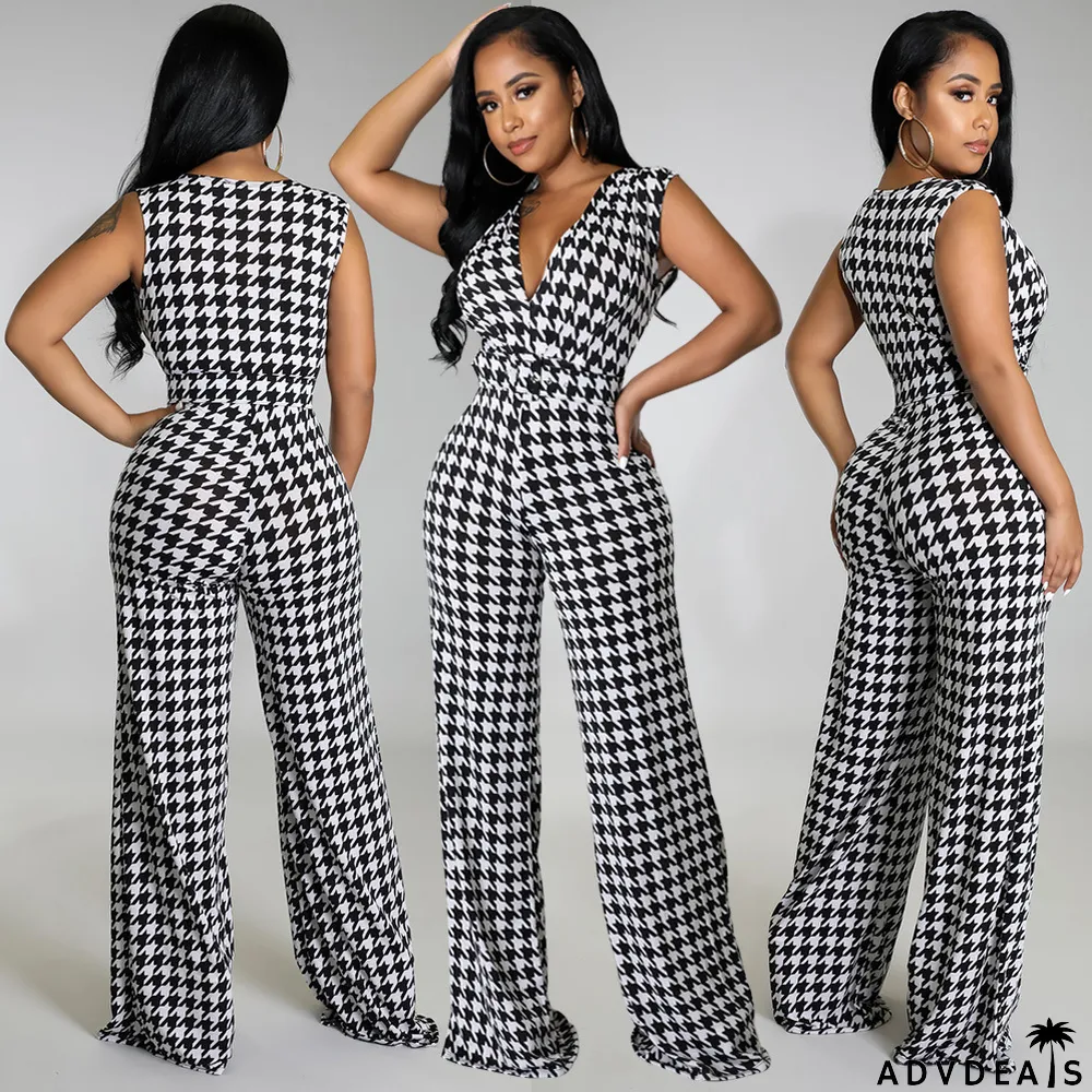 Houndstooth Print V Neck Sleeveless Jumpsuit With Belt