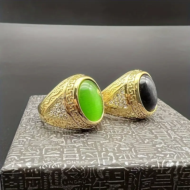 1pc imitation   stone ring gradient green ring     ring 316l stainless steel gold plated ring titanium steel mens ring details 6