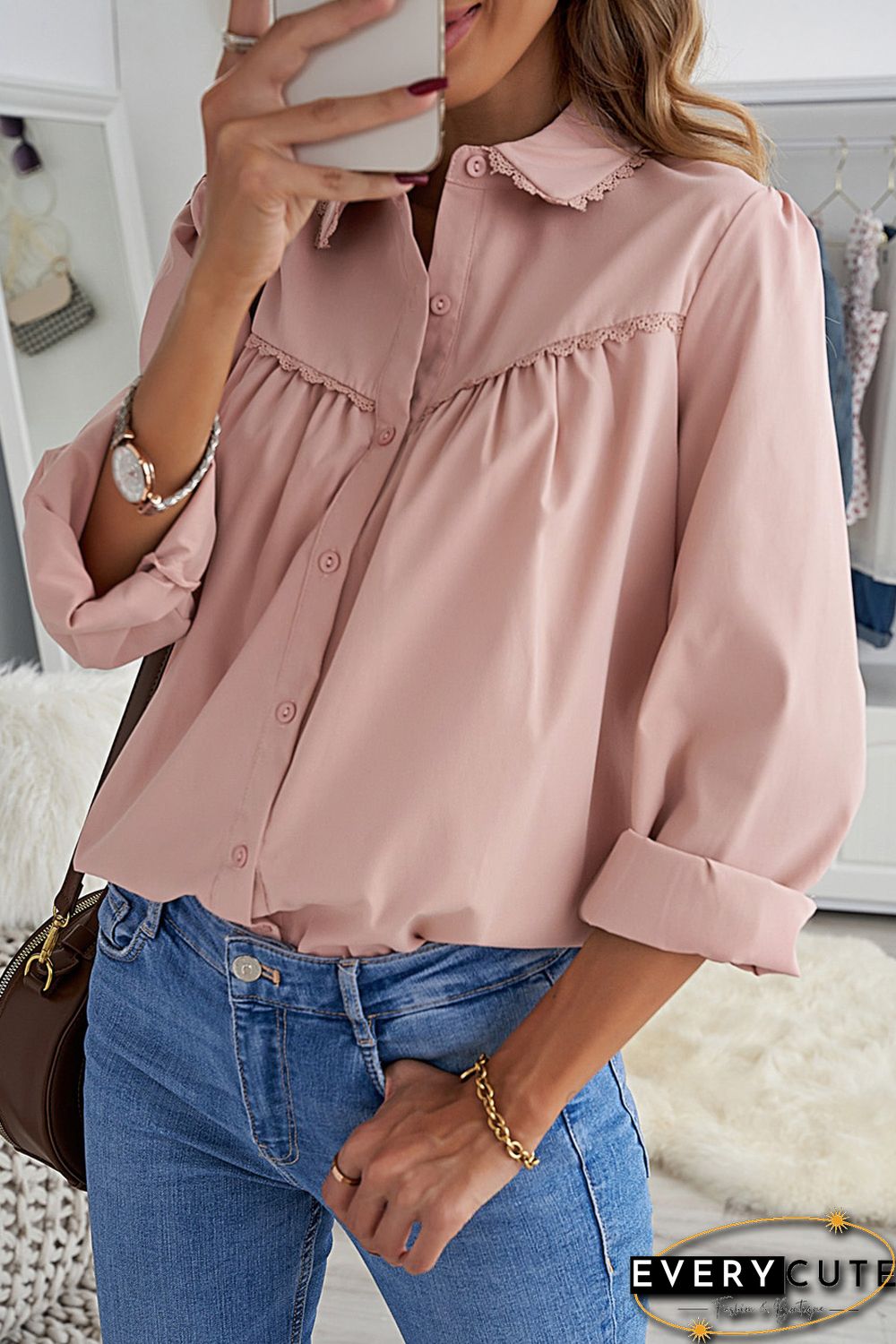 Pink Plain Pleated Bust Cuffed Sleeves Shirt