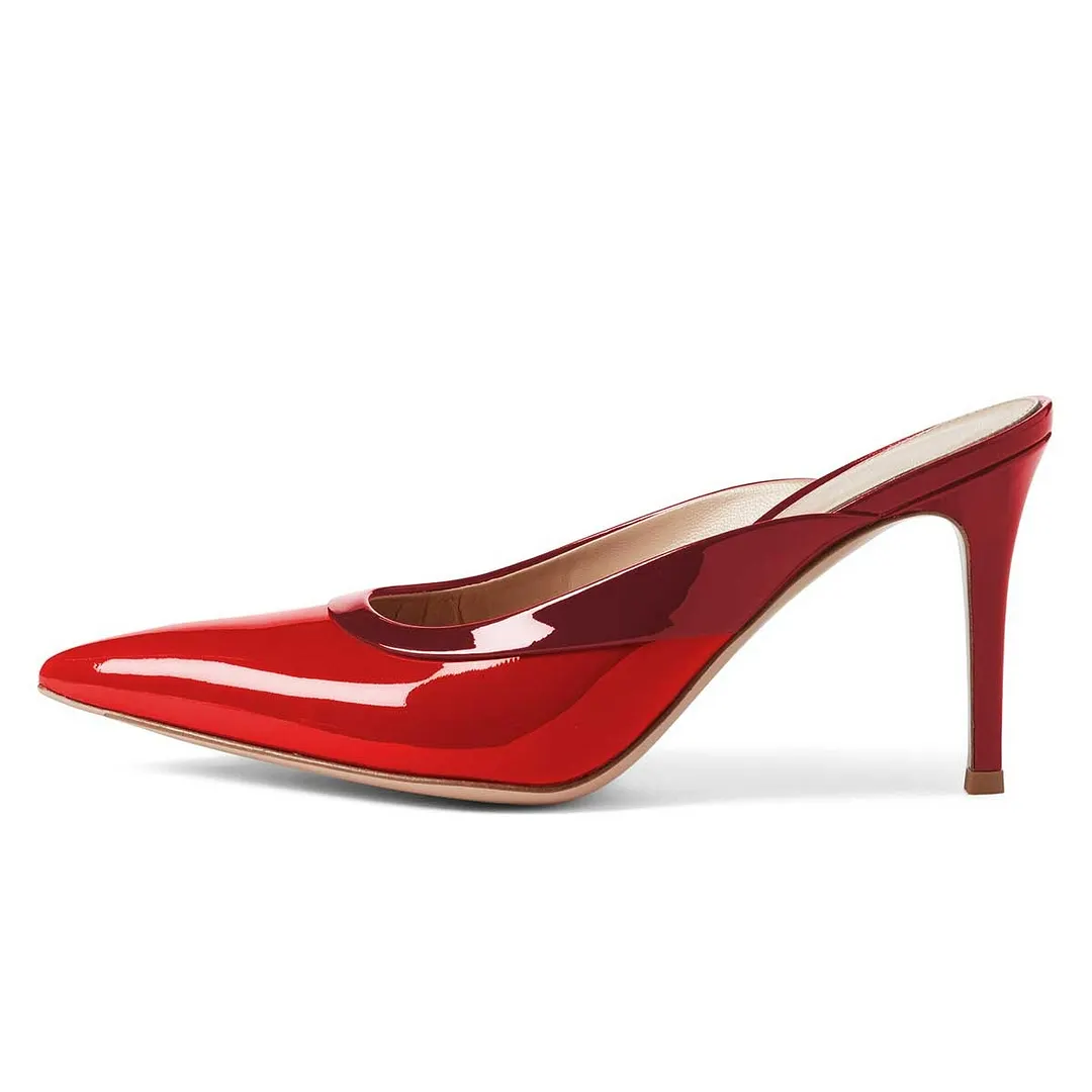 Red Patent Slip-On Pointed Toe Stiletto Heel Mules for Women