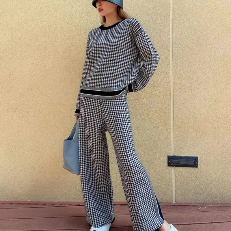 Toloer 2022 fall two piece set women top and pants Tracksuit Autumn Knitted Sweater wide leg pants Suits Casual outfits