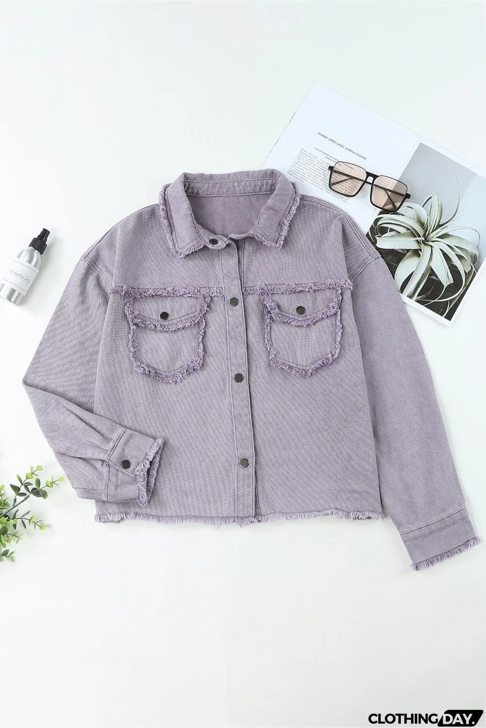 Distressed Flap Pockets Frayed Hemline Denim Jacket