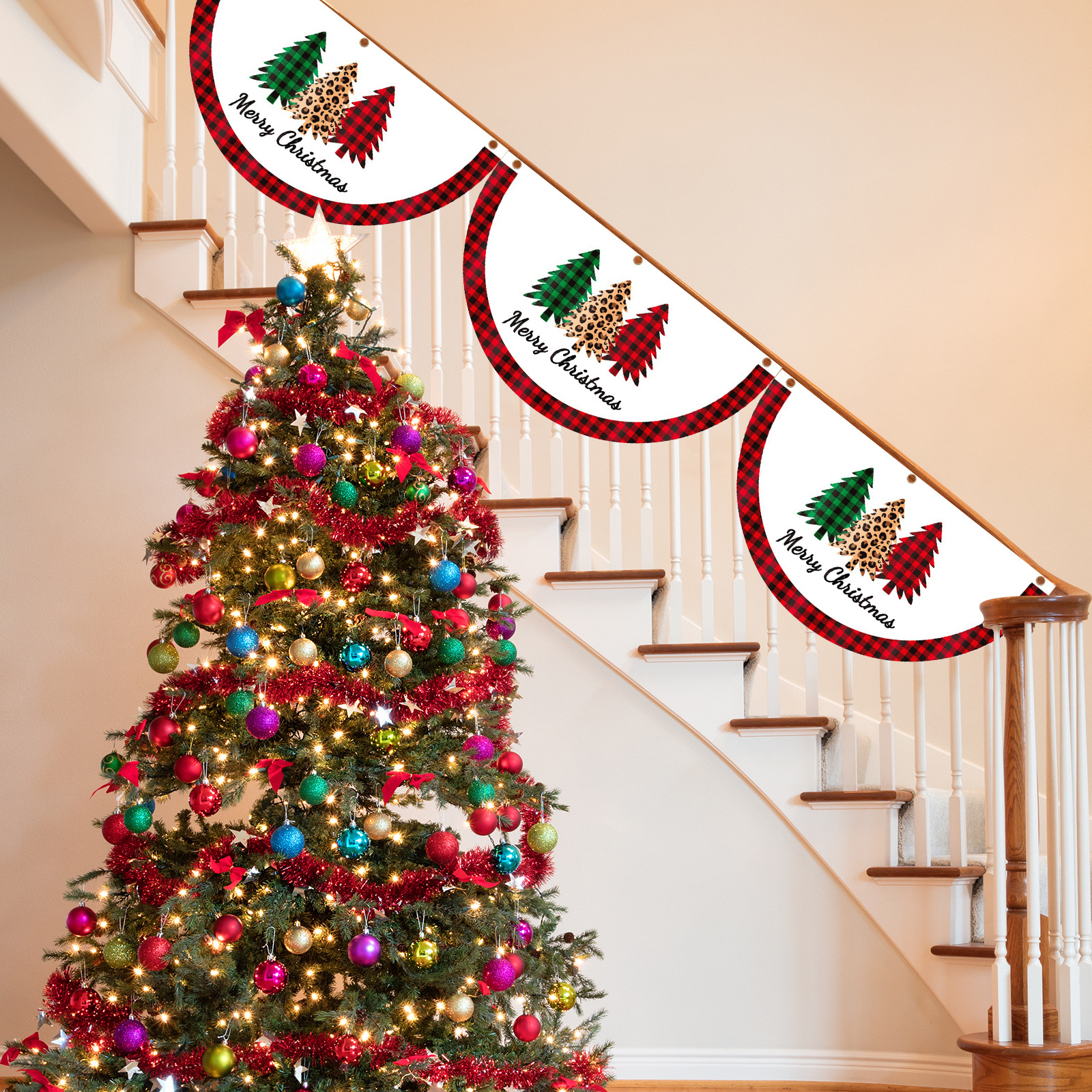 Christmas Banner Outdoor Hanging Flag with Creative Cartoon Print Stair Decorations