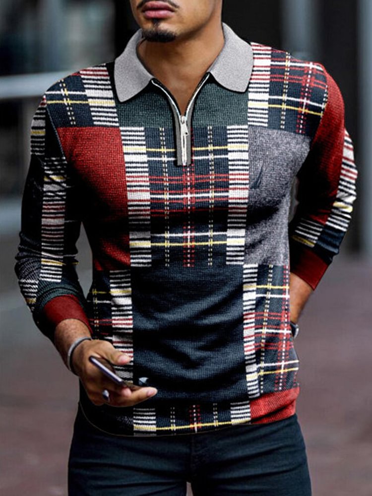 Men's Retro Geometric Print Zipper Casual Polo Shirt