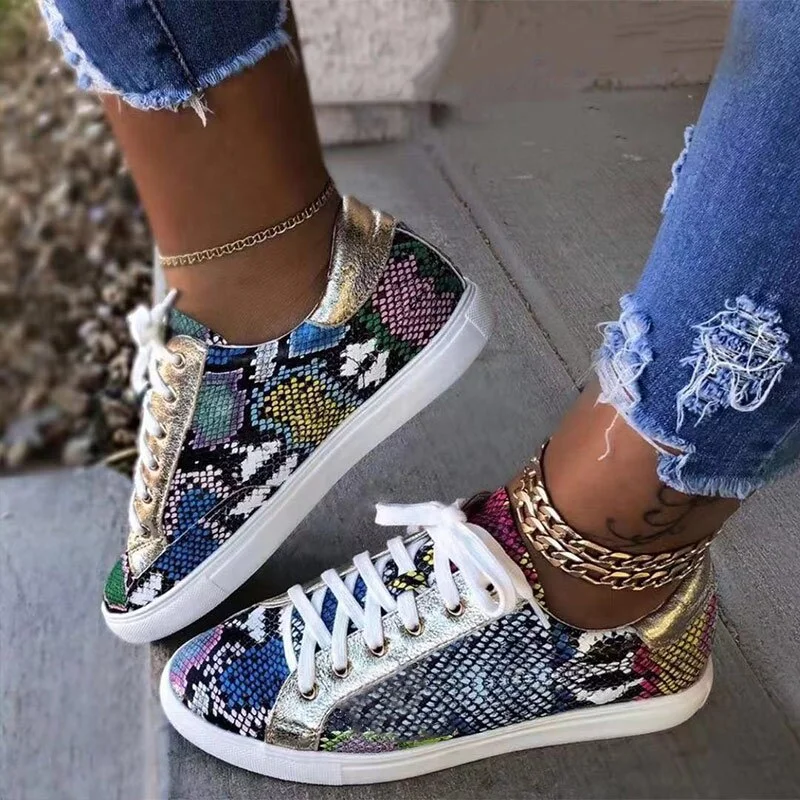 2019 New Women Serpentine Prints Pu Leather Vulcanized Shoes Lace Up Female Sneakers Fashion Casual Platform Woman Flat Shoes