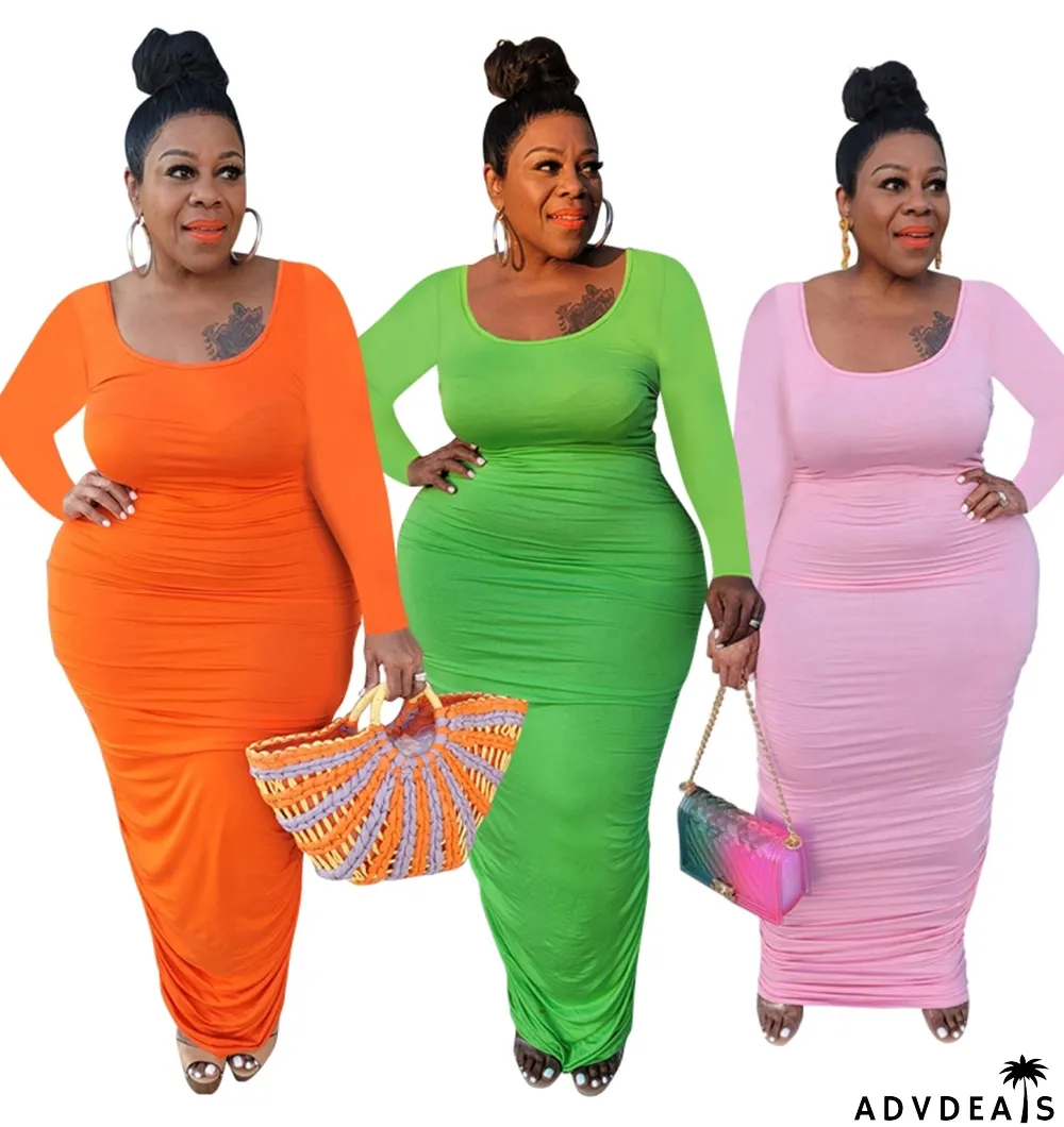 Autumn Plus Size Casual Pink Ruched Long Shirt Dress