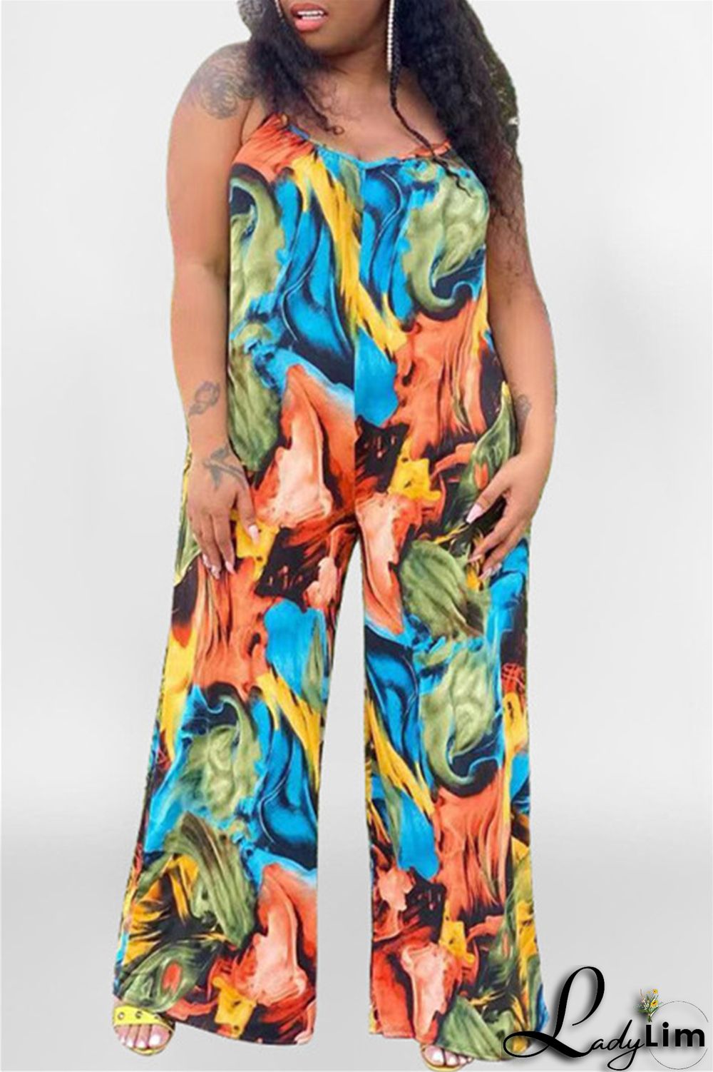 Coffee Sexy Casual Print Backless Spaghetti Strap Plus Size Jumpsuits